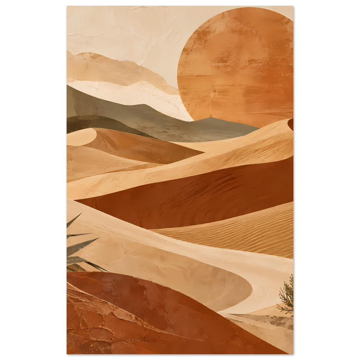 Hochformat-Poster mit Wüstenlandschaft: goldene Dünen, runde Sonne, Sandwege