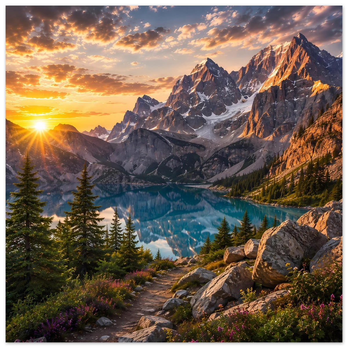 Poster mit Bergsee und Felsenweg zur goldenen Stunde, dramatische Wolken am Himmel