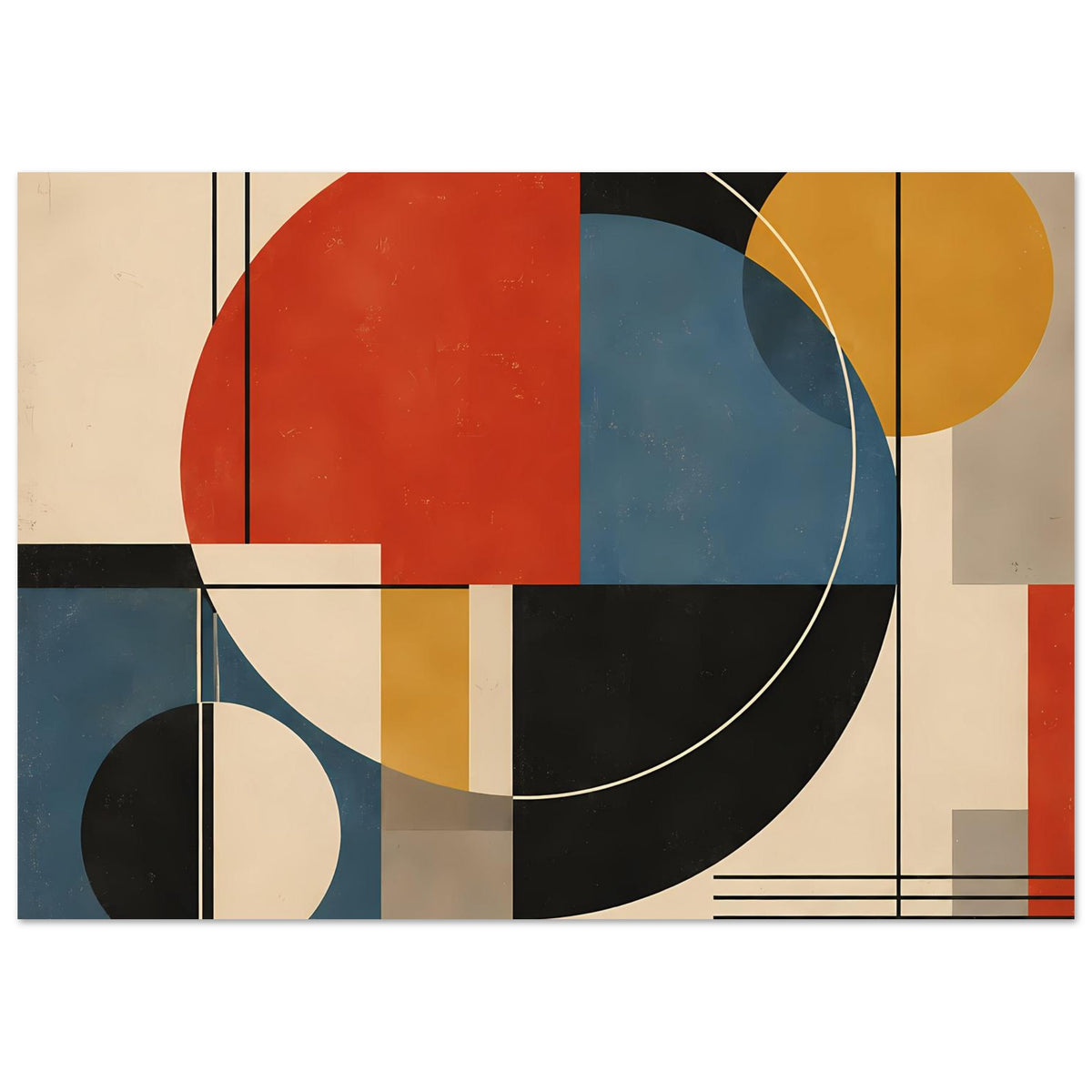 Abstraktes Geometrie-Poster (Querformat) mit Kreisen und Rechtecken in Rot, Blau, Schwarz, Gelb.