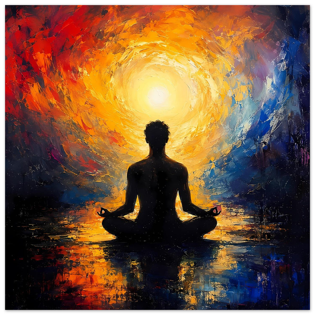 Zen-Poster im Querformat: dunkle Figur im gold-orangenen Flammen- und Blauschimmer