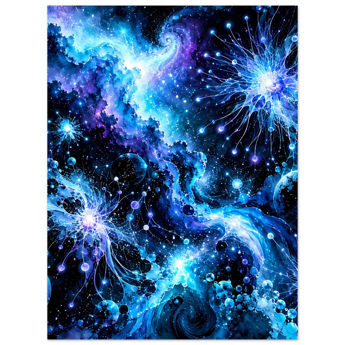 Galaktisches Poster im Hochformat: blaues Sternenfeld, leuchtender Nebel und Strahlencluster