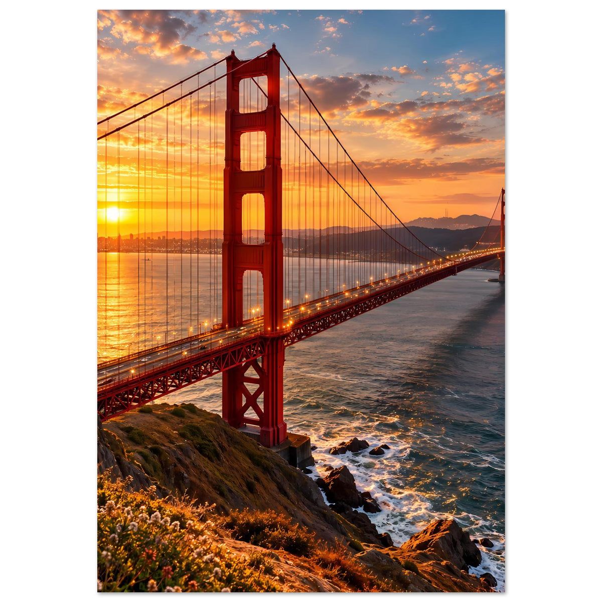 Vertikales Poster der Golden Gate Bridge bei Sonnenuntergang, rotes Brückenturm-Detail