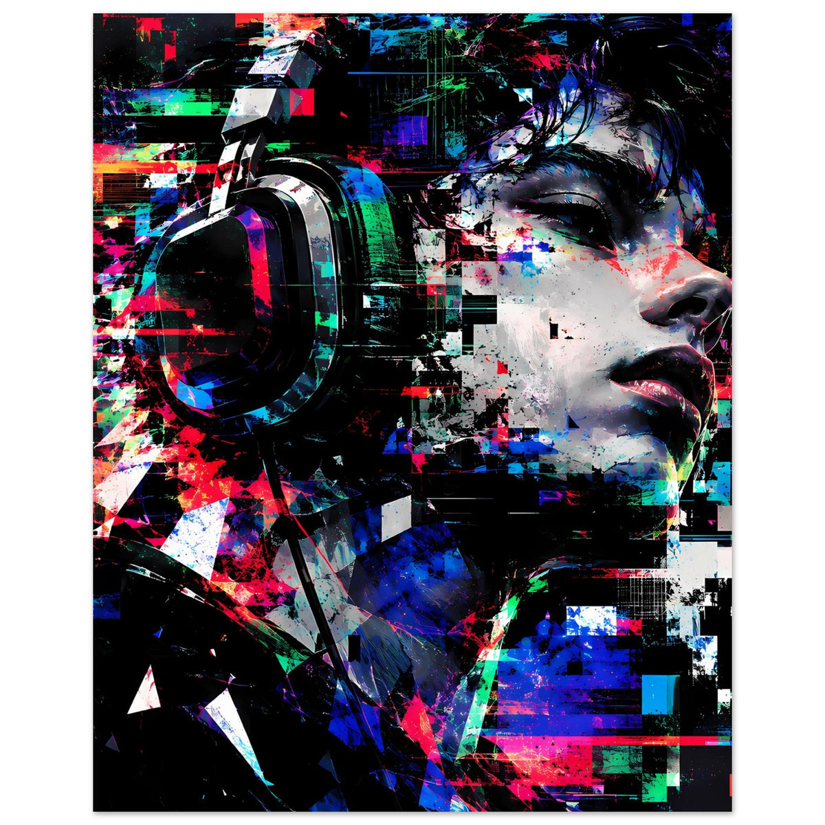 Hochformat-Wandposter mit abstraktem Gesicht, Neonfarben und dynamischen Pixel-Streifen