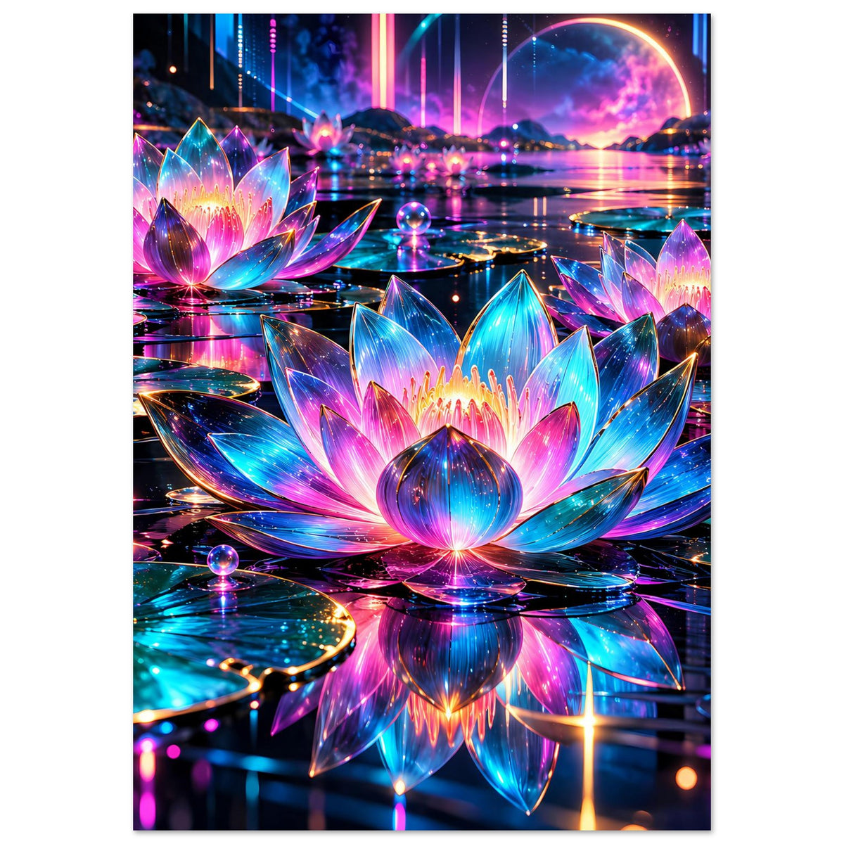 Neon-Lotus-Poster im Hochformat mit türkis-pinken Lotusblüten und spiegelnden Lichtpunkten.