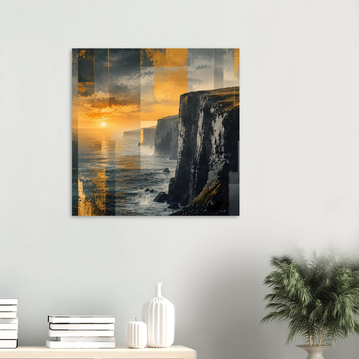 Poster mit Sonnenuntergang über Meer und Felsenklippen, quadratisch