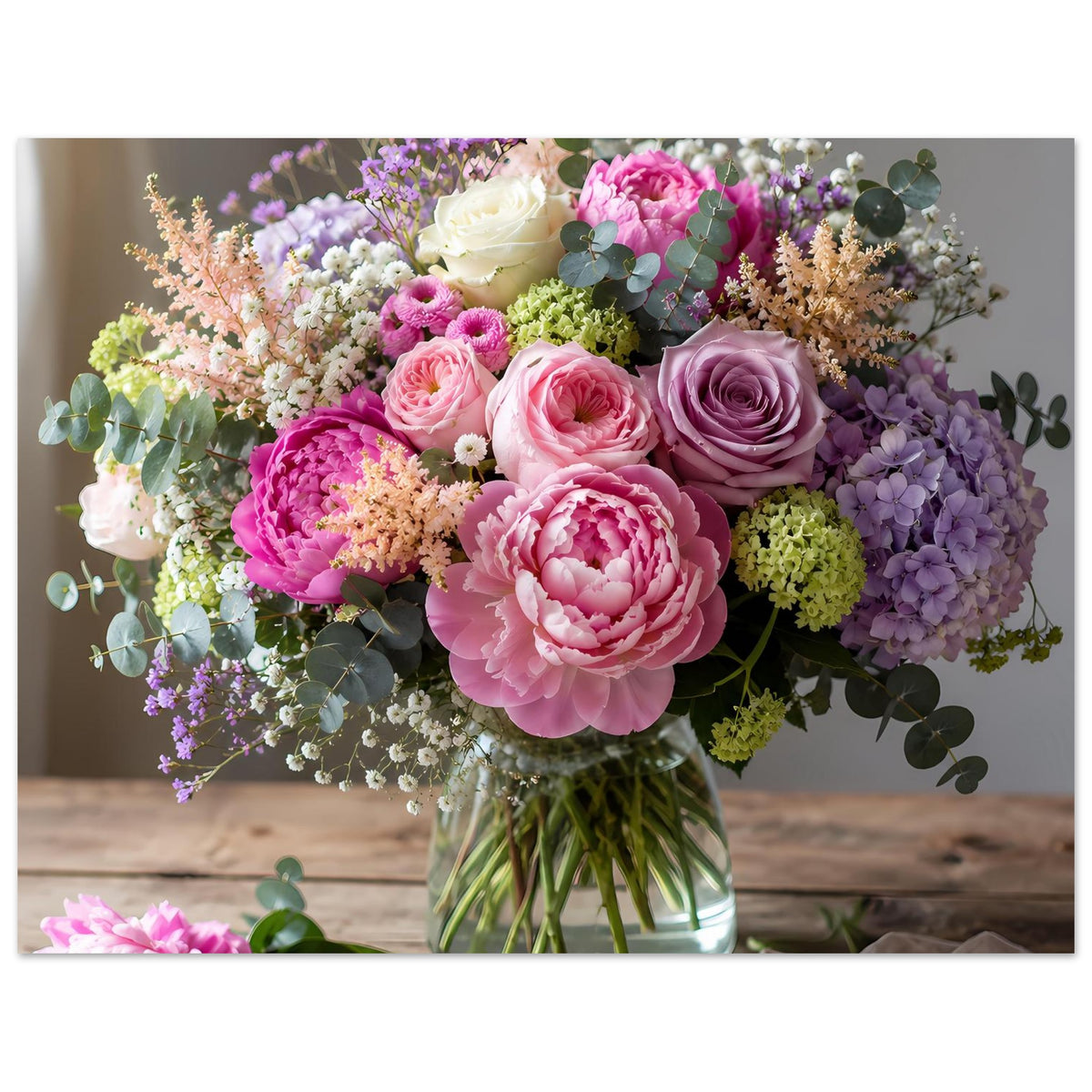 Blumenposter mit floraler Pastellkomposition: Rosen in Glasvase, lila und pink