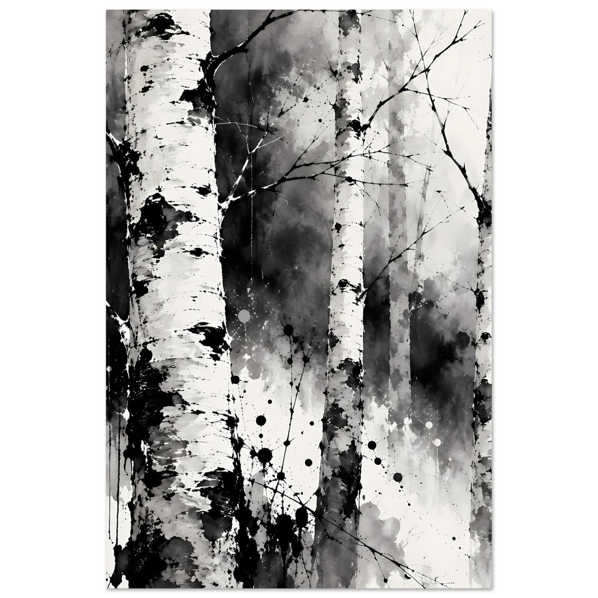Vertikales Poster mit Birkenwald in Schwarzweiß, schwarze Zweige über hellem Hintergrund