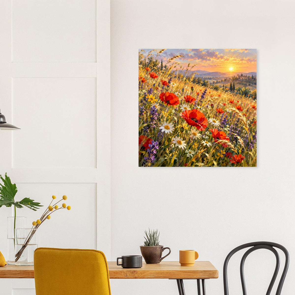 Poster mit Blumenwiese und Sonnenuntergang, rote Mohnblüten im Vordergrund