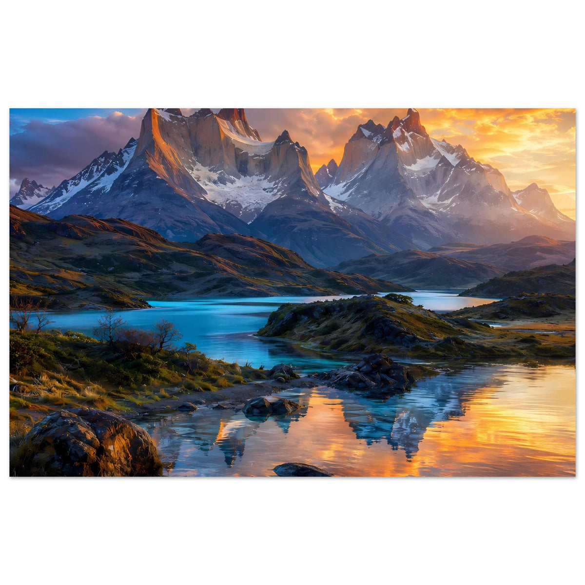 Poster im Querformat: Gebirge mit Spiegelung im Wasser bei orangefarbenem Himmel