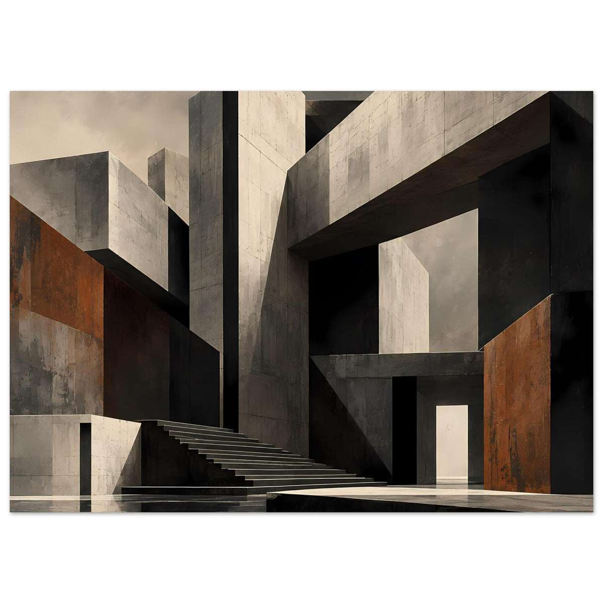 Architekturposter im Querformat mit Treppenverlauf und kontrastreichen Flächen in Grau und Schwarz