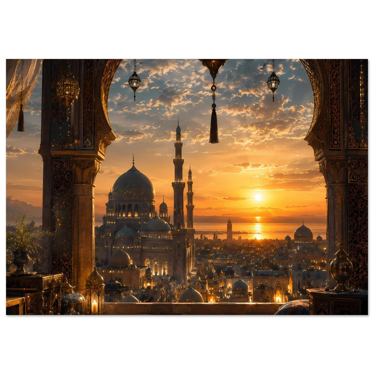 Poster mit großem Bogenfenster, Moschee und Sonne am Abendhimmel
