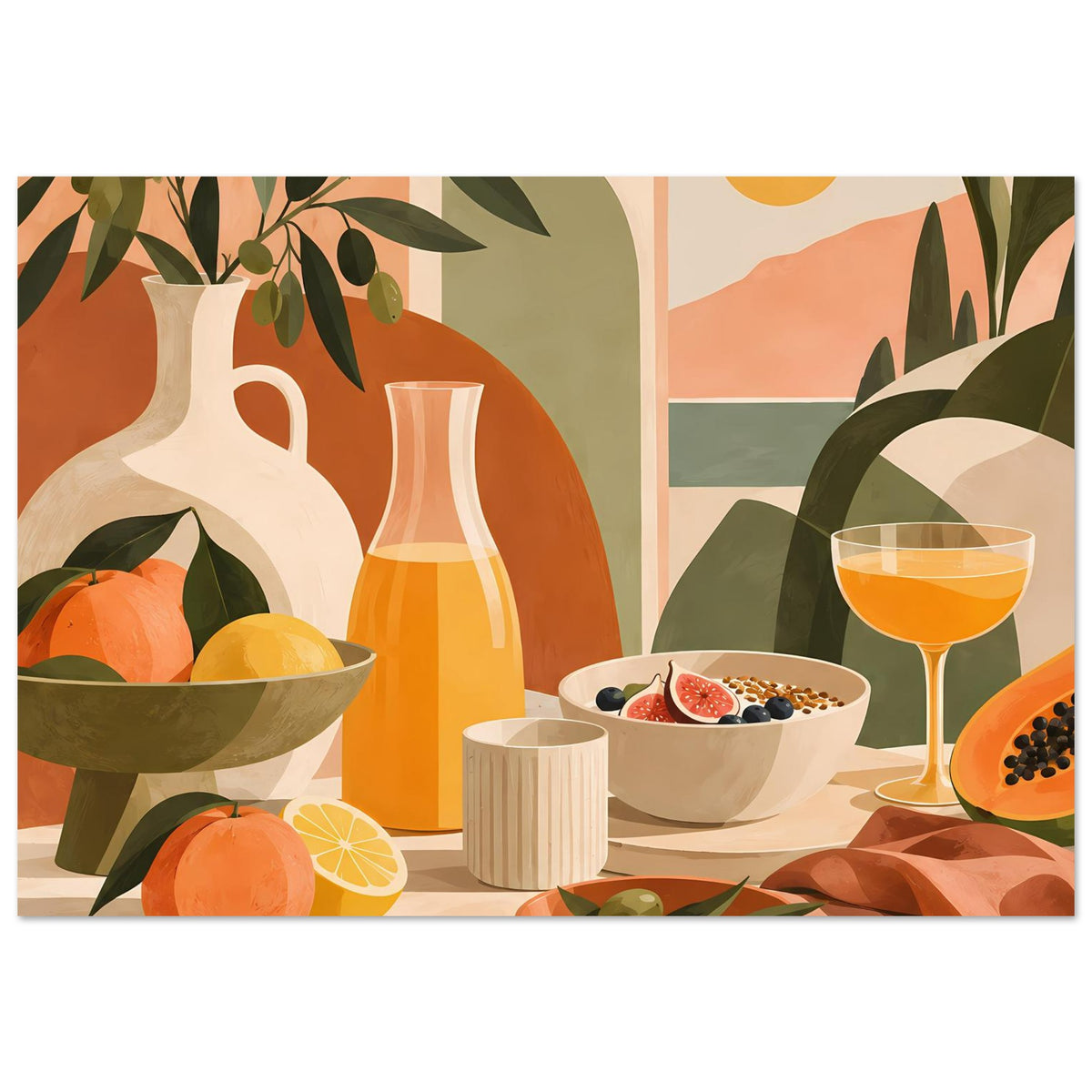 Still-Life-Poster mit Krug, Teller mit Beeren, orangefarbenem Saftglas und Olivenzweigen