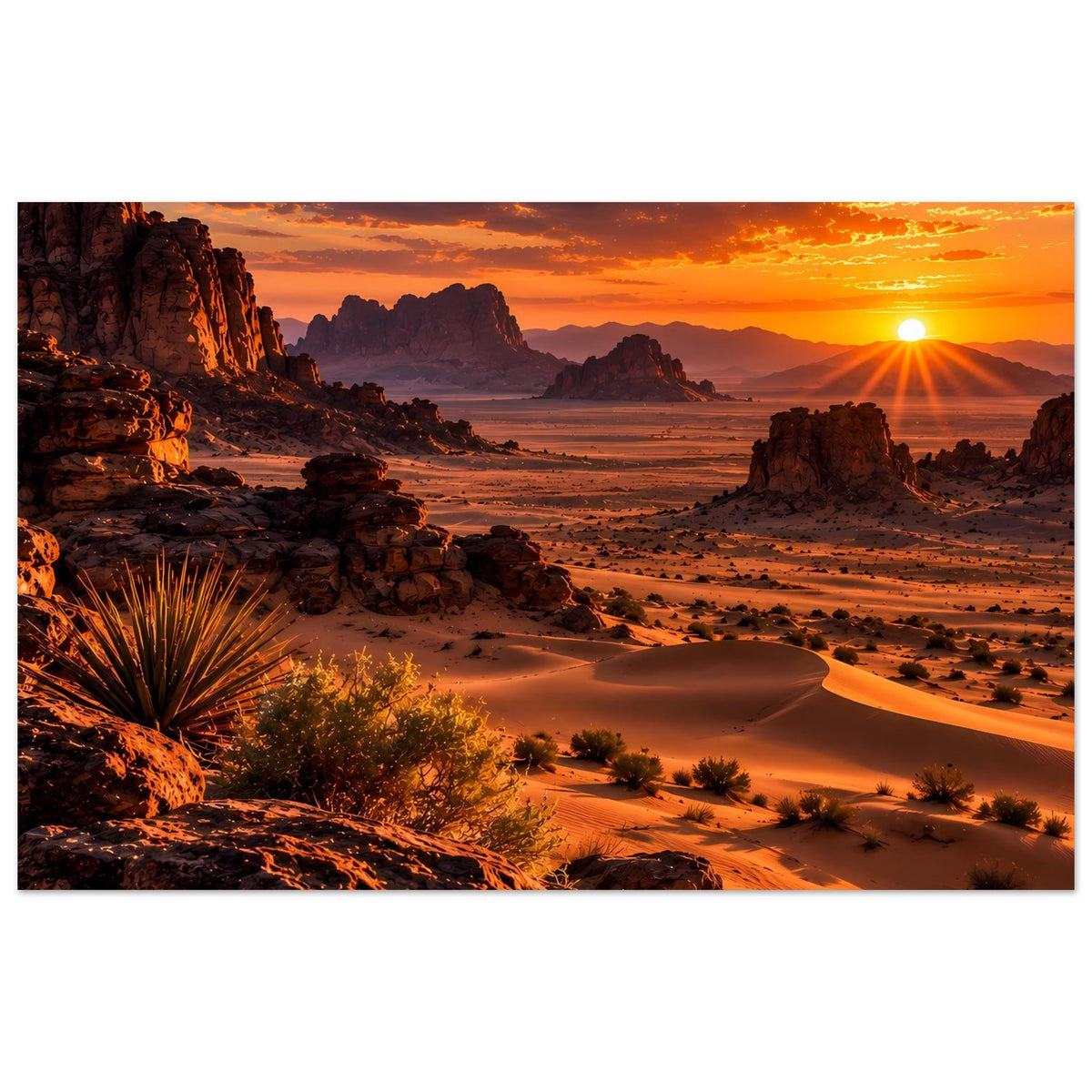 Poster mit Wüstenlandschaft bei Sonnenuntergang: Sonne, Dünen und Felsformationen