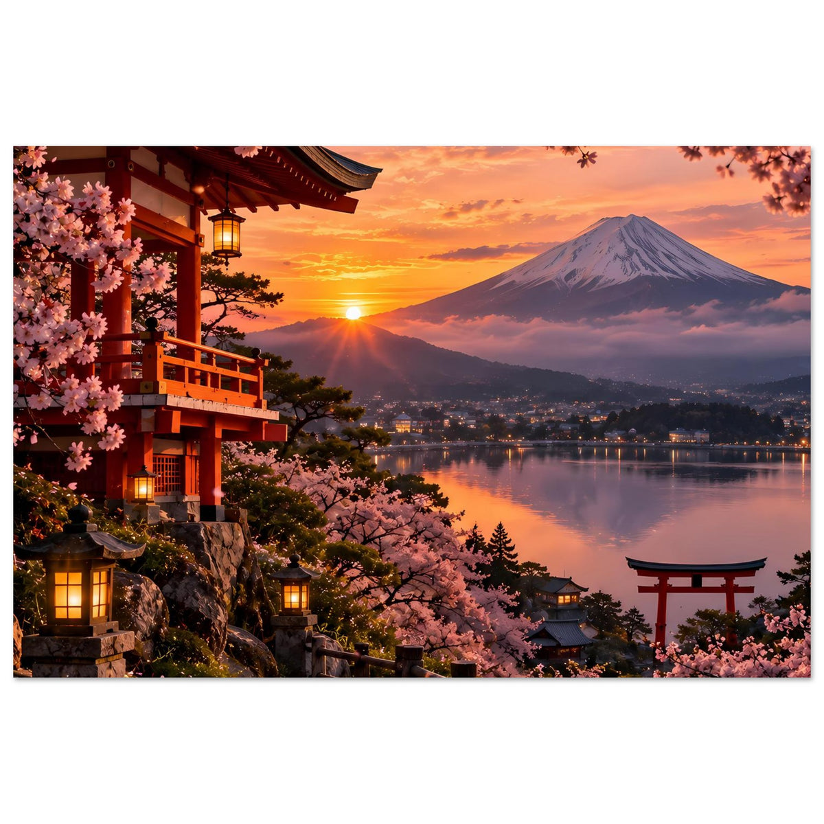Japanisches Kirschblütenposter mit Tempel und Laternen, Kirschblüten, Vulkanberg und Torii