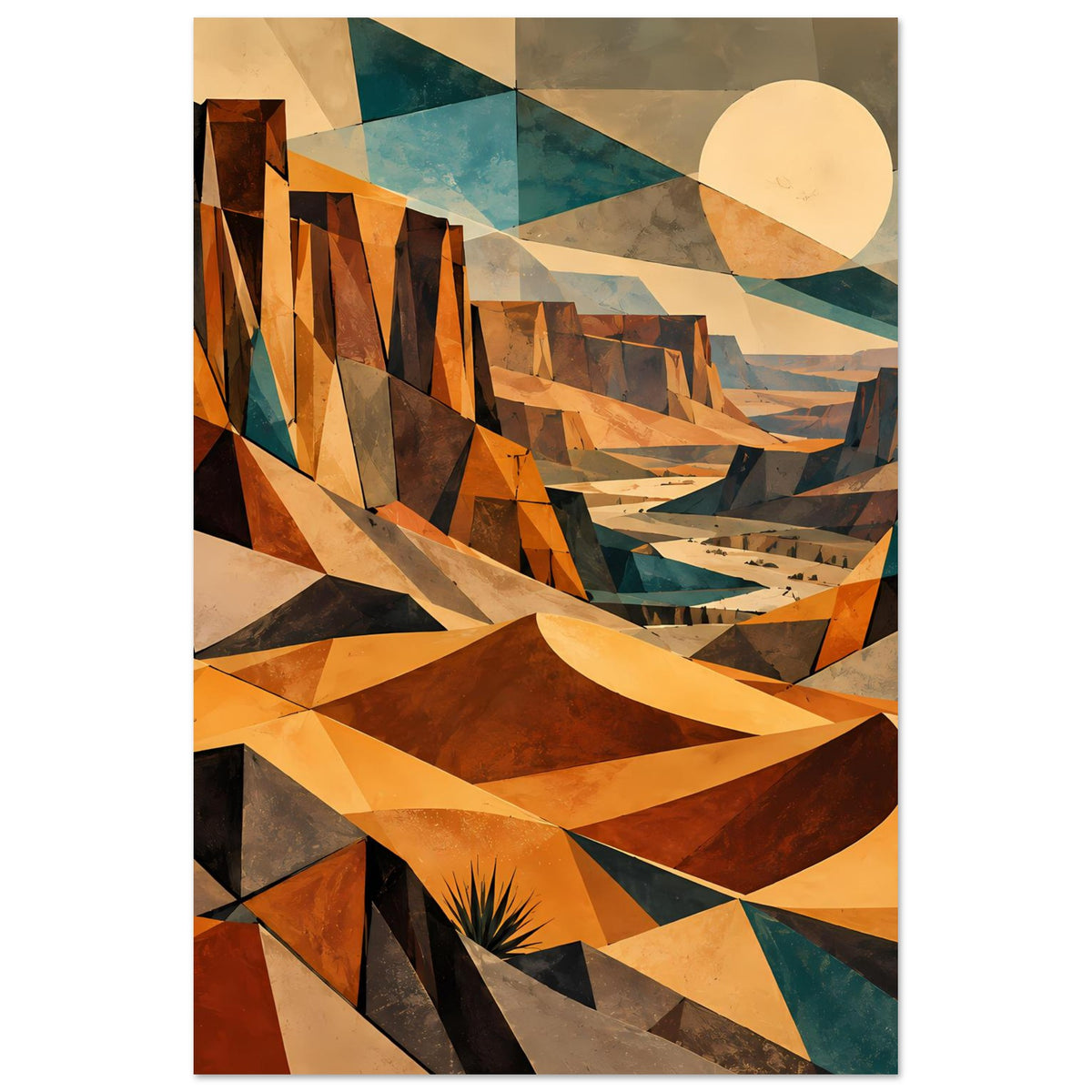 Poster mit geometrischer Wüstenlandschaft: warme Erdtöne, Polygonberge und Kreis-Sonne