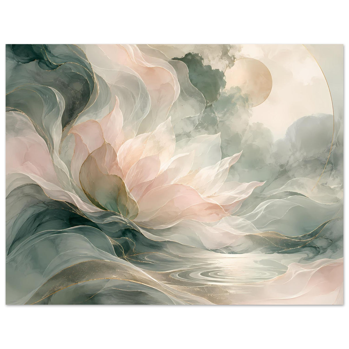 Abstraktes Blumenposter mit weichen Blüten und grünlich-grauen Wellen, horizontal