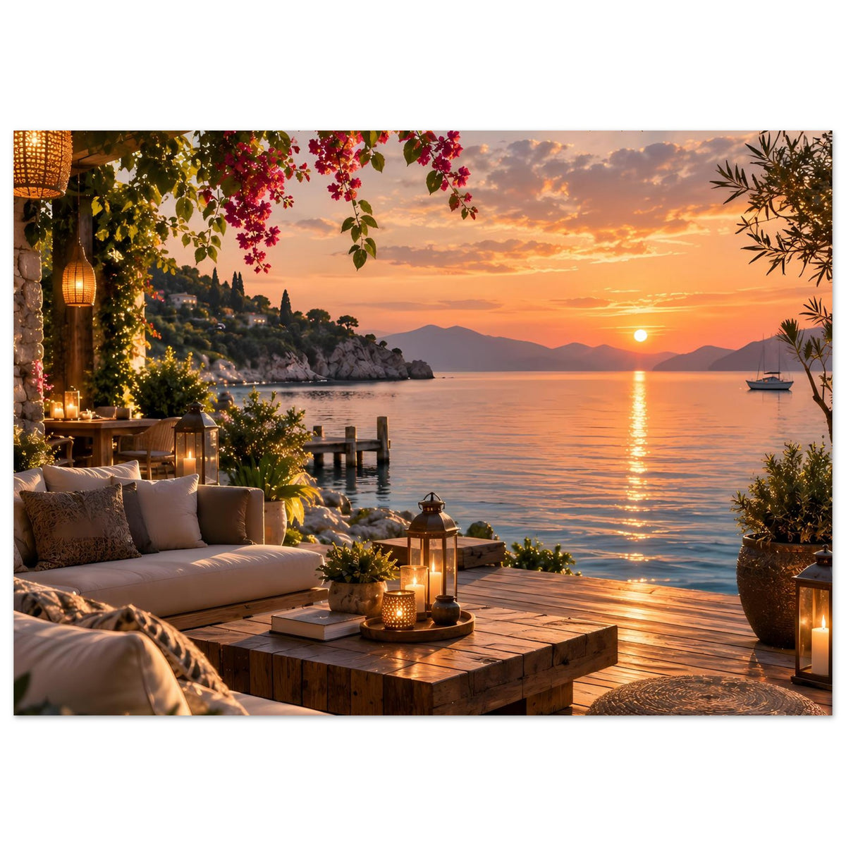Poster einer mediterranen Küstenterrasse bei Sonnenuntergang mit Sofa und Holztisch