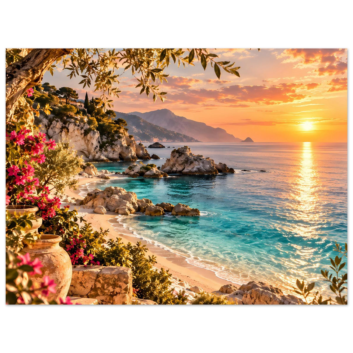 Strandposter mit Sonnenuntergang, Sandstrand, Felsen im Meer und hängenden Blättern