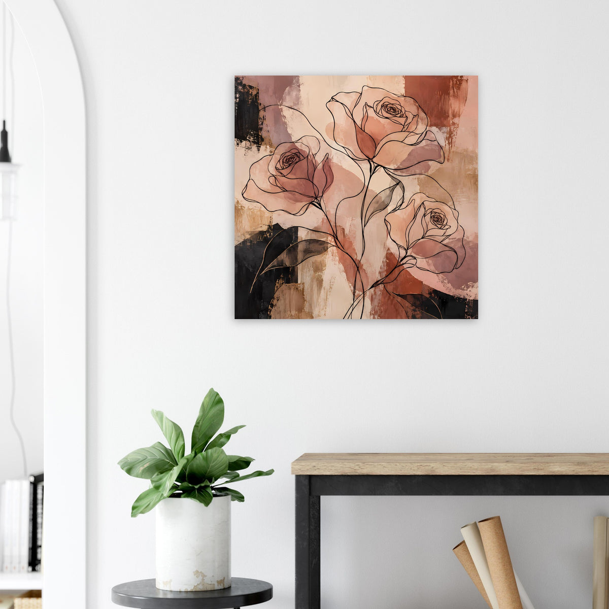 Abstraktes Rosenlinienkunst-Poster mit vier Rosen, warme Erdfarbflächen im Hintergrund