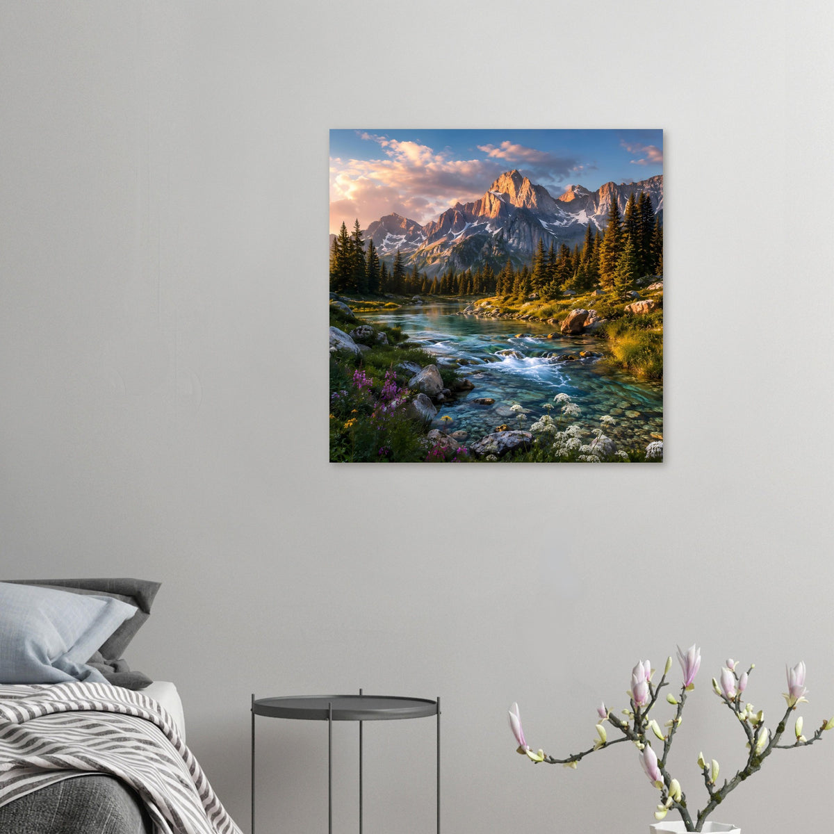 Kleines Poster mit Berglandschaft: Fluss, Tannen und beleuchtete Gipfel, im Raum platziert