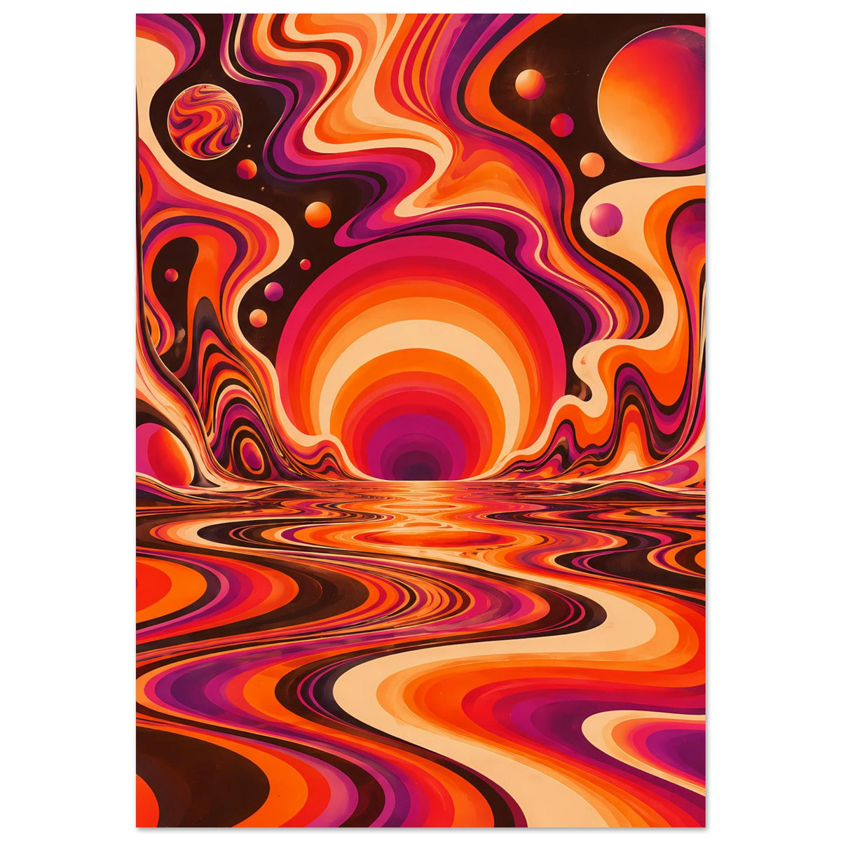 Poster zeigt eine zentrale Sonnenkugel mit orangefarbenen und lila Wirbelwellen