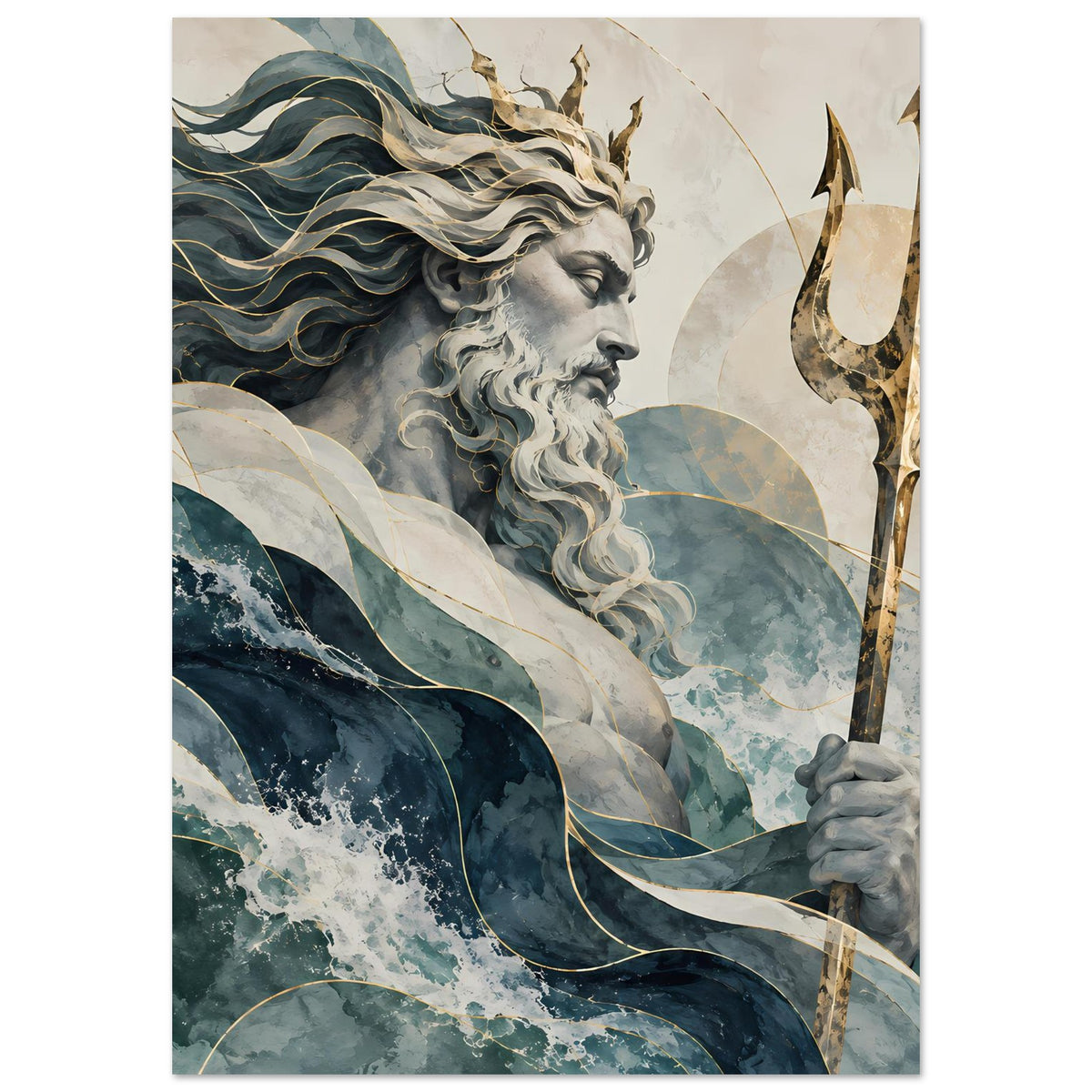 Hochformat-Wandposter mit Neptun im Profil, Meerwellen und goldfarbenem Dreizack