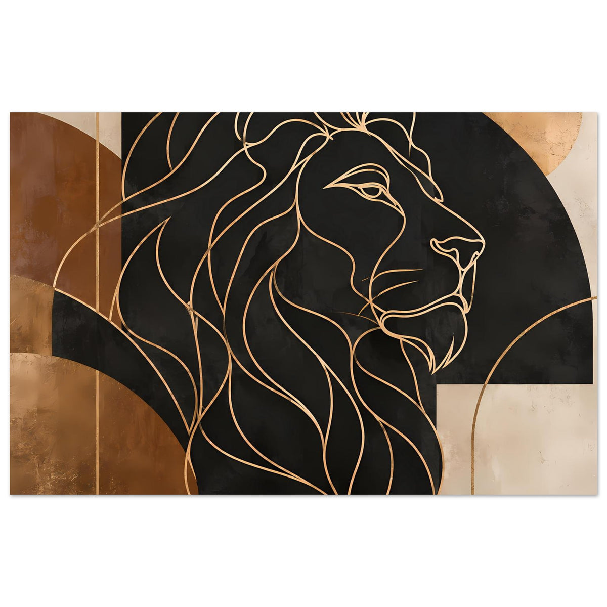 Poster mit geometrischem Löwen in Gold-Bronze-Linien, auf dunklem Hintergrund und abstrakten Formen