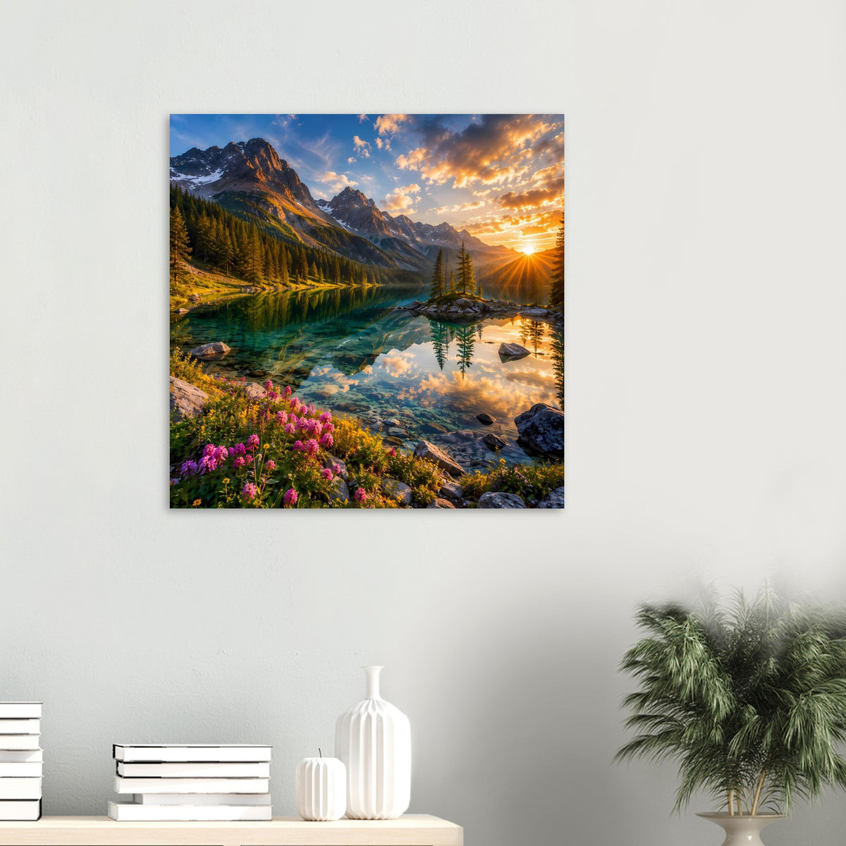 Quadratisches Poster mit Berglandschaft und Sonnenaufgang über Fluss, Wiesen und Blumen