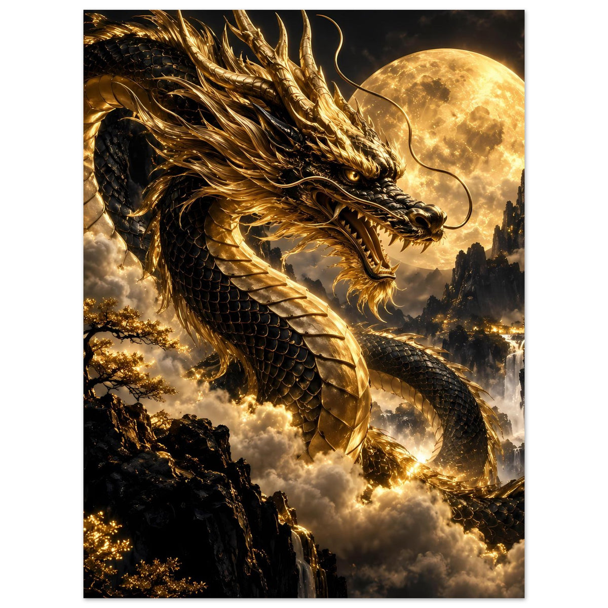 Poster mit goldenem Drachenkopf, Schuppenflügeln und Vollmond über Wolken
