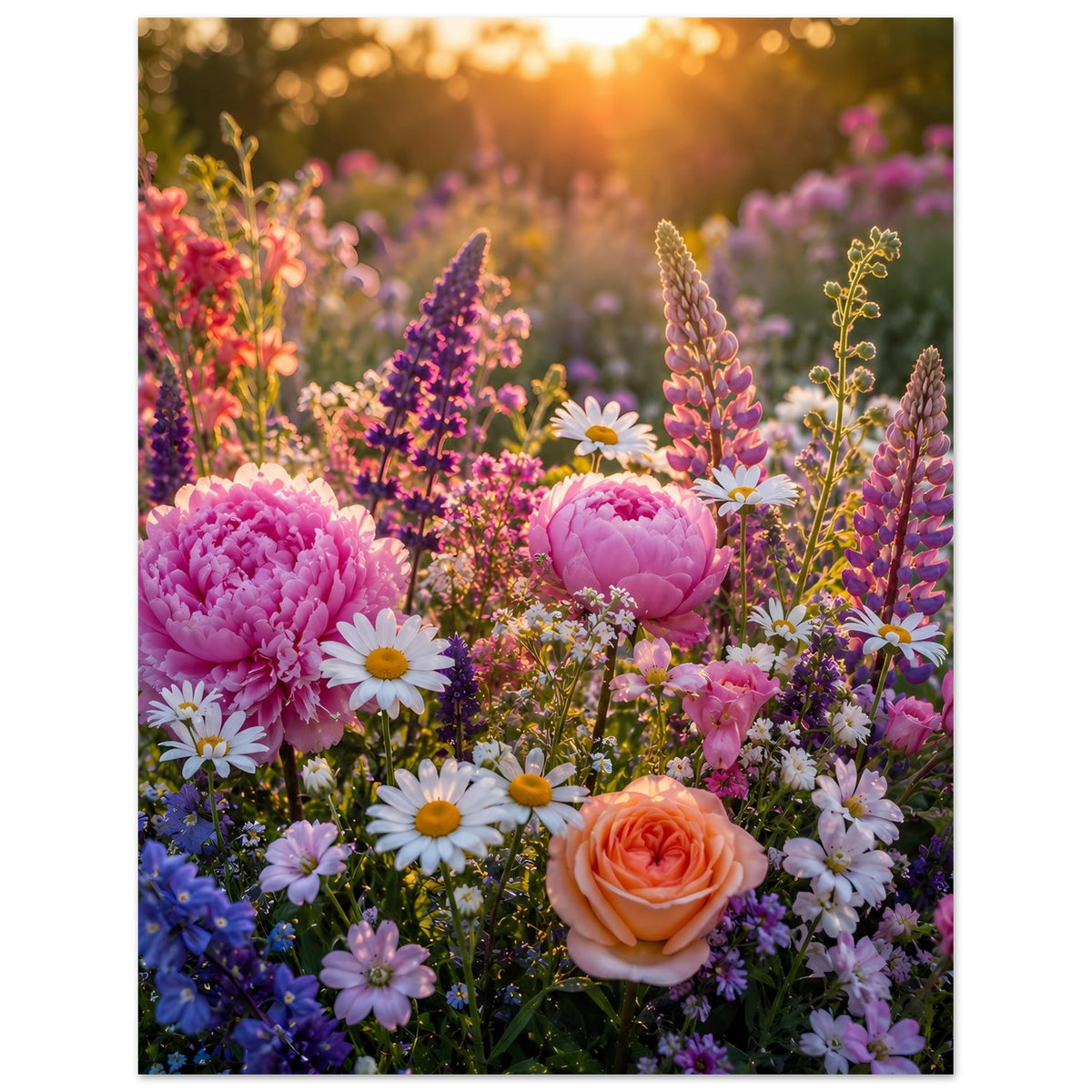 Blumenmeer-Poster, enger Ausschnitt mit rosa Pfingstrose, orange Rose und weißen Gänseblümchen.