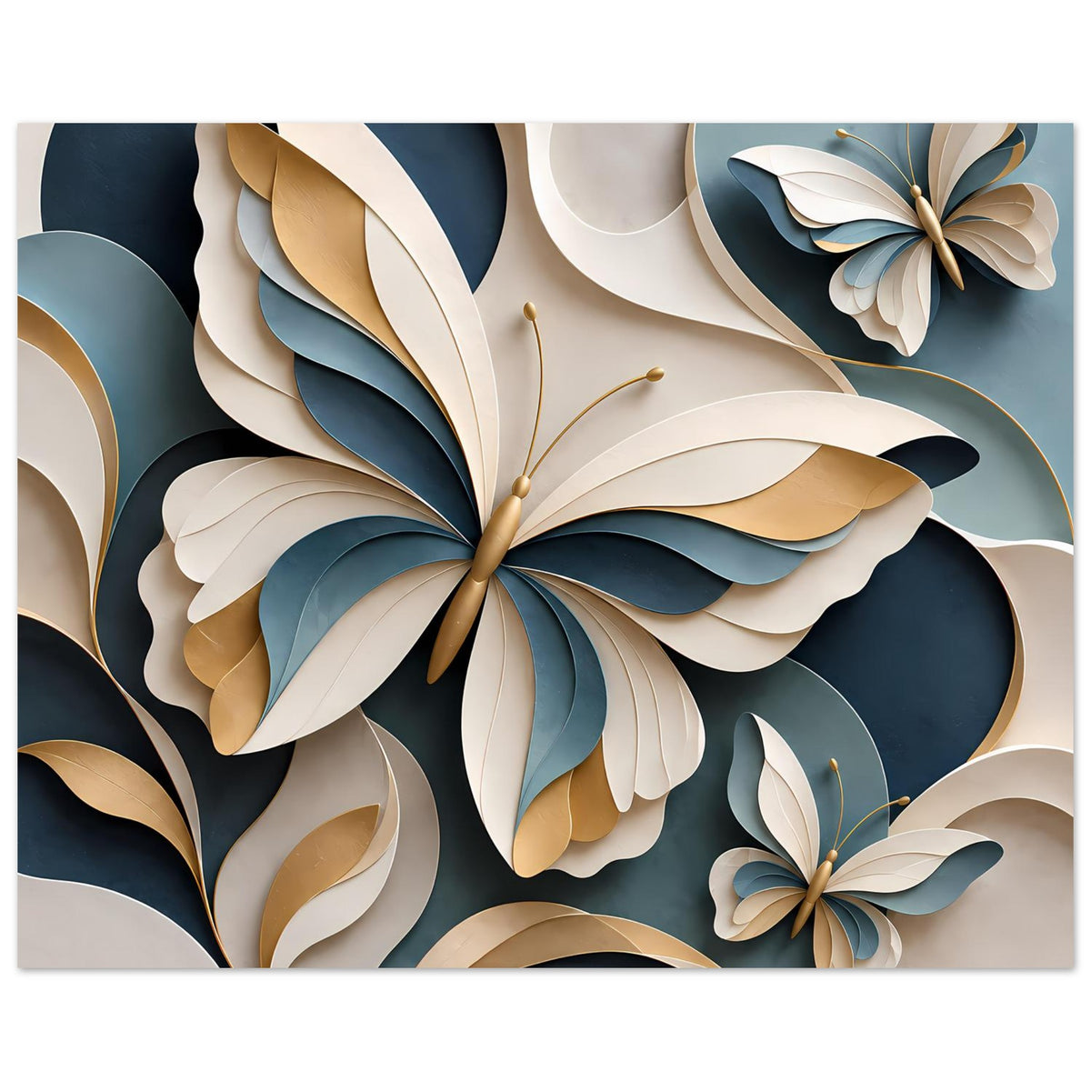 Schmetterlingsposter mit klarer Mittelkomposition aus Blumen- und Flügelformen in Blau