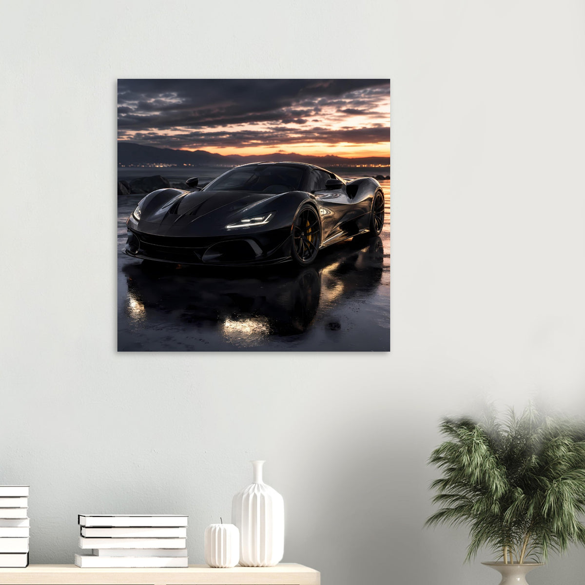Poster mit schwarzem Sportwagen im Sonnenuntergang auf nasser Straße