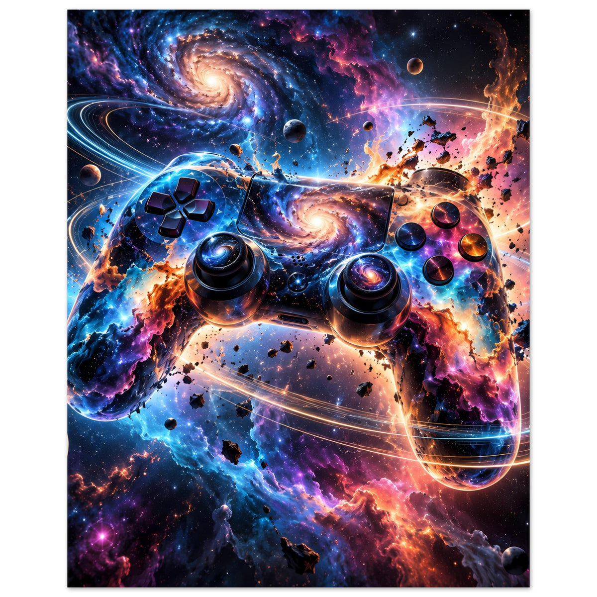 Poster mit Galaxie-Gaming-Controller, Hochformat, farbiger Raumkunst-Print im Rahmen