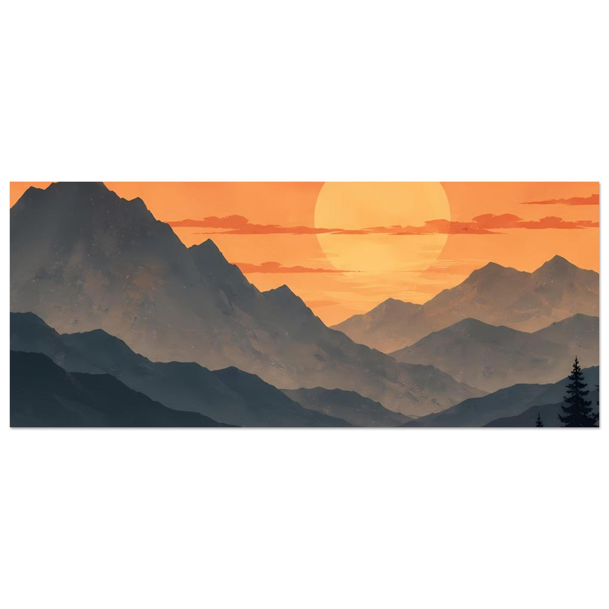 Wandbild (horizontal): orangefarbener Sonnenuntergang mit großem Sonnenkreis und Bergkette
