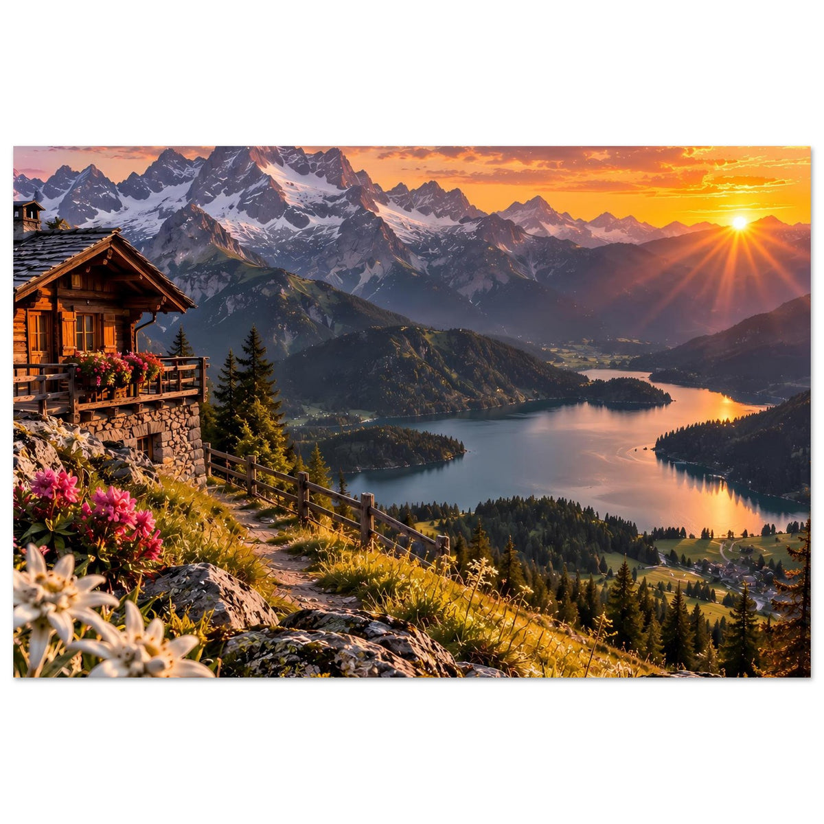 Horizontales Poster mit Alpenlandschaft: warme Sonne am Horizont, See, Berge und Chalet