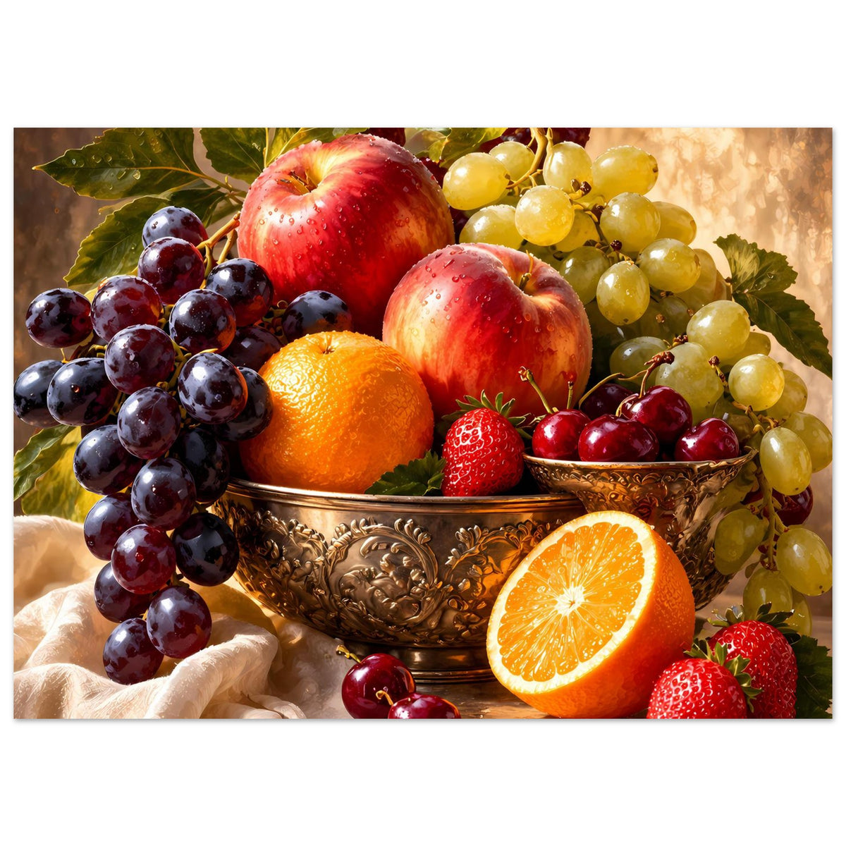 Stillleben-Poster mit Obstschale: Trauben, Apfel, Orangehälfte, Erdbeeren und Kirschen.