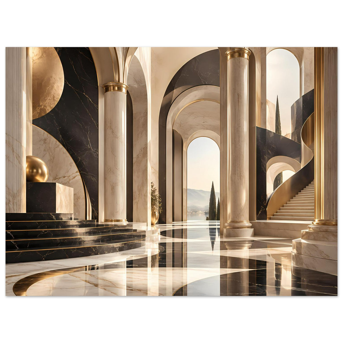 Horizontales Poster mit goldenen Säulen, schwarzen Marmorschatten und markanten Rundbögen