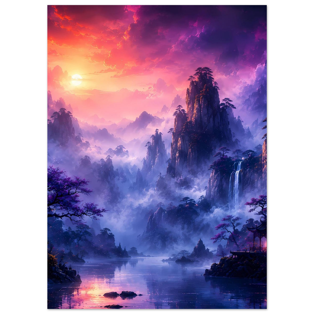Hochkant-Fantasy-Poster: Nebelberge, Wasserfall und violetter Himmel über dem See