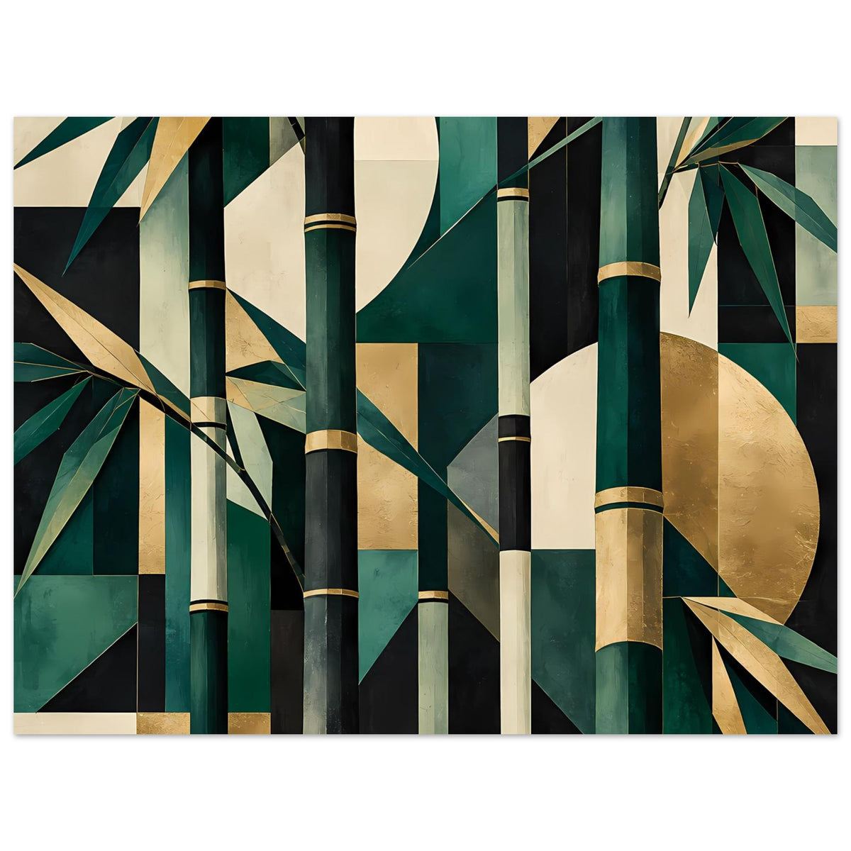 Naturposter im Querformat mit abstrakten Bambusstäben in Smaragdgrün, Gold und Creme