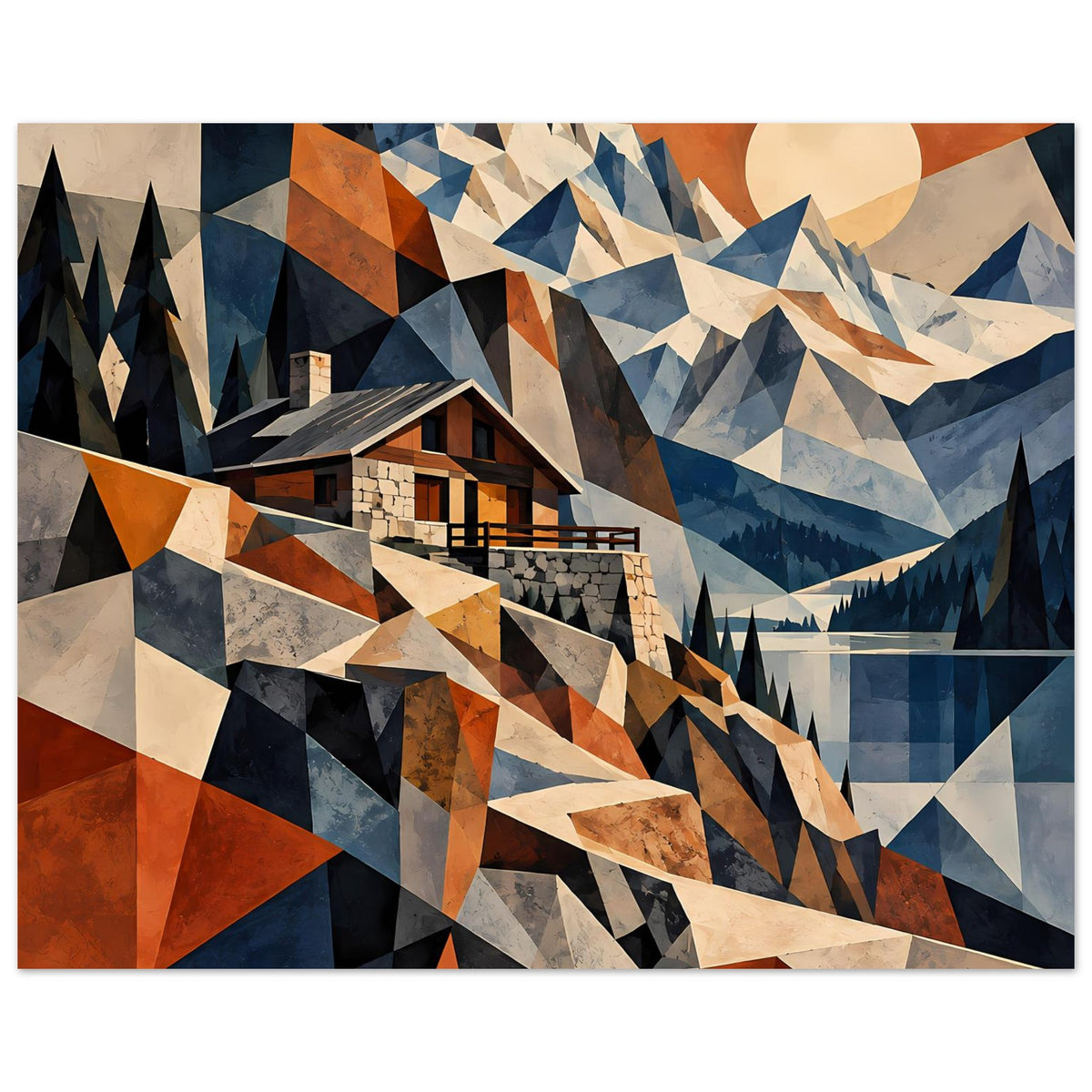 Geometrisches Poster mit Berghaus und Bergspitzen in Dreiecksoptik, Blau und Rostrot