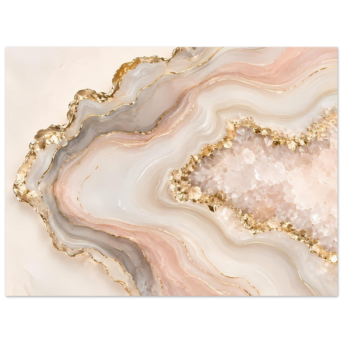 Abstraktes Poster mit Geoden-Kristallen in Rosé, Creme und Gold