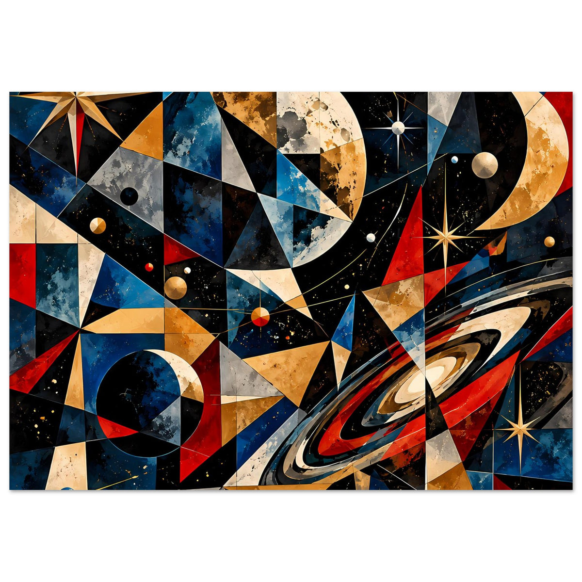 Horizontales Weltraum-Poster mit Planeten, Sternen und geometrischen Flächen in Rot und Blau