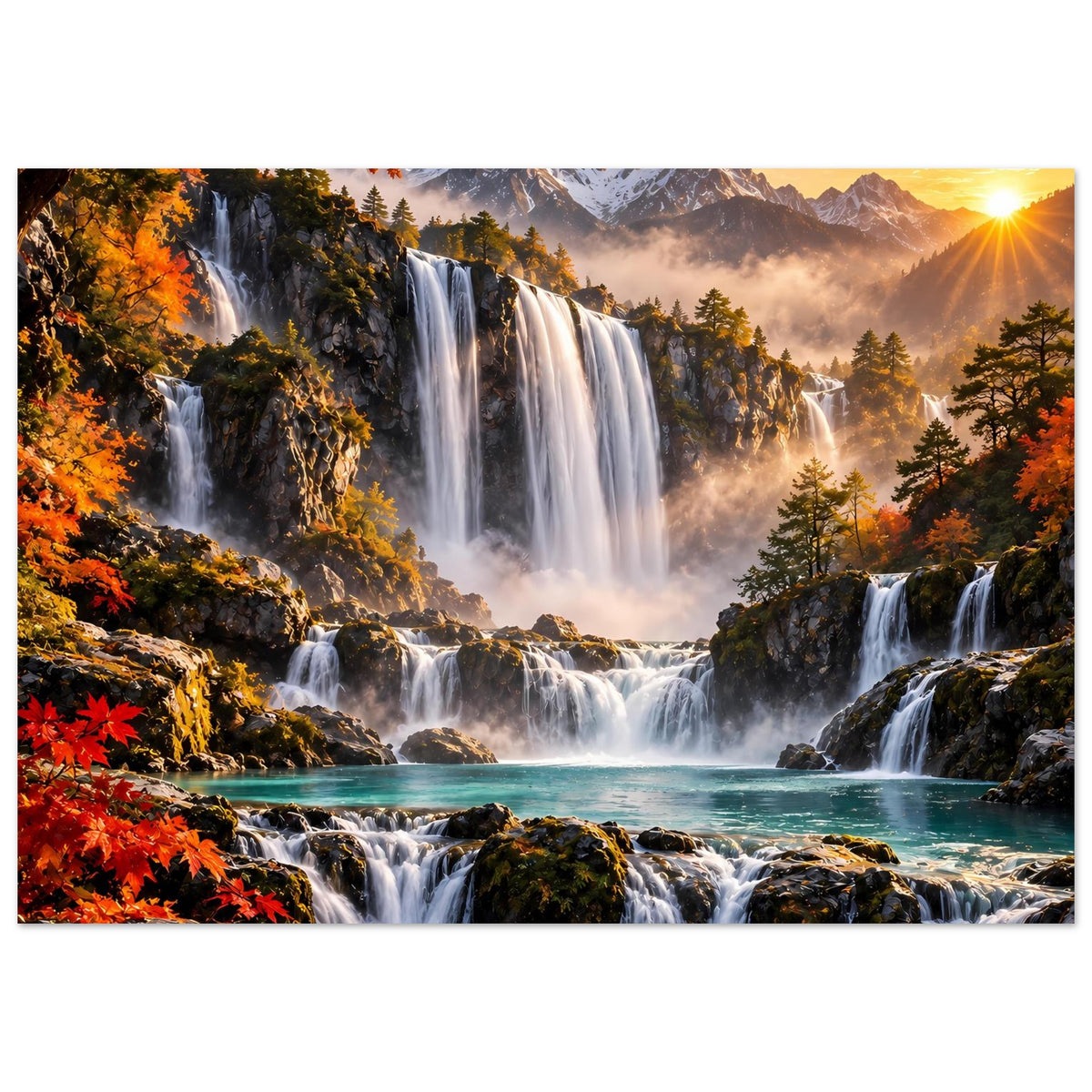Wasserfall-Poster: breite Kaskaden, Felsufer und Herbstbäume vor Bergkulisse mit Sonne