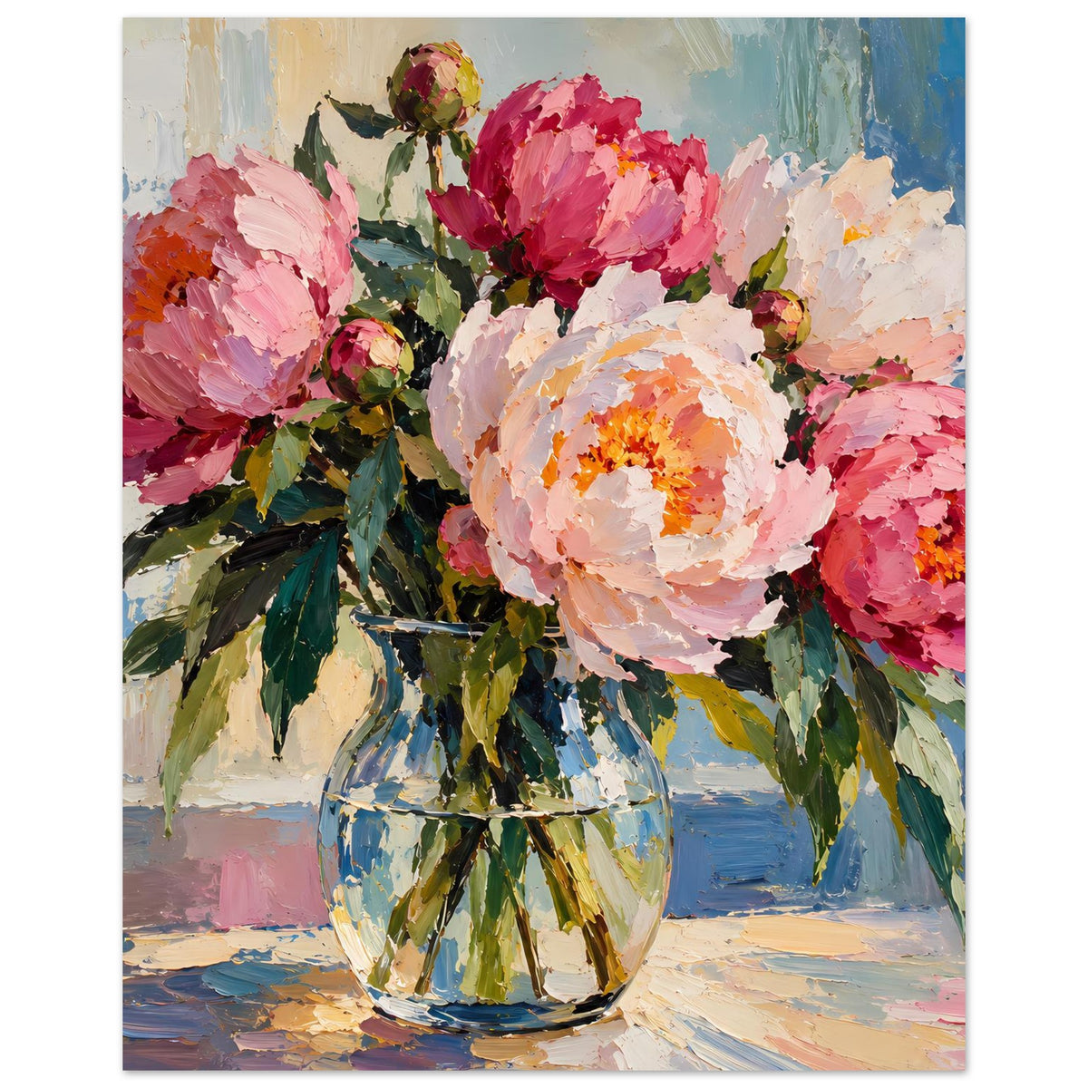 Blumenposter im Ölmalerei-Stil: rosa Pfingstrosen und weiße Blüten in Vase, hochformat
