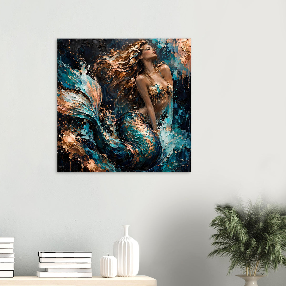 Kleines Kunstposter an der Wand: Meerjungfrau in Türkis und Kupfer, nach oben blickend