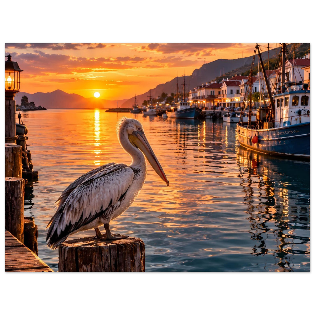 Poster mit Pelikan auf Holzpfahl am Kai, goldene Reflexe im Wasser am Abend