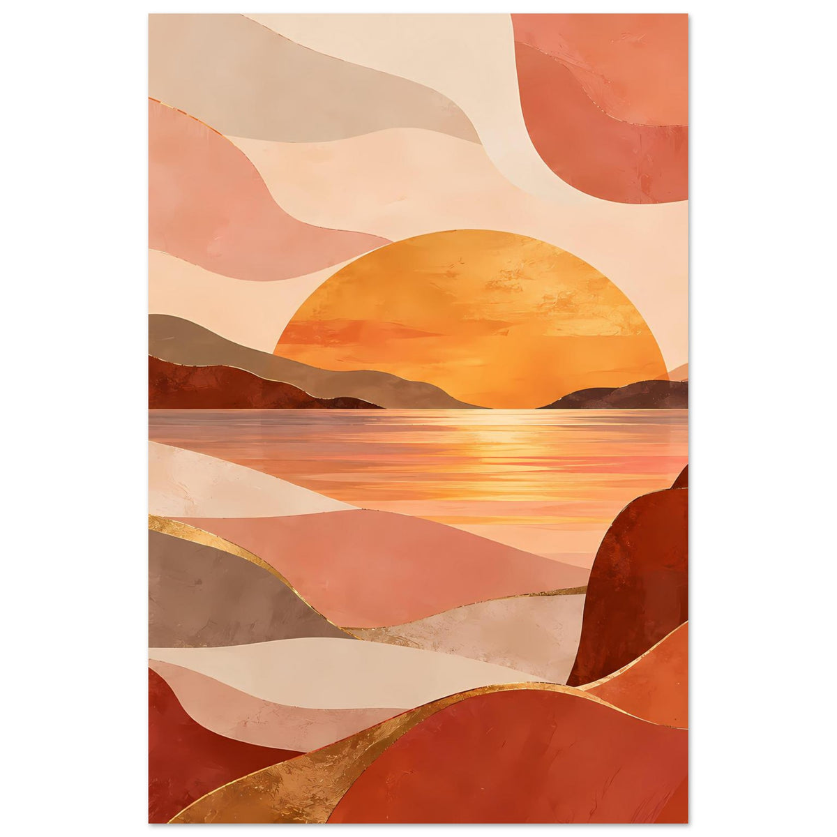 Poster mit abstrakter Sonnenuntergangslandschaft: runde Sonne über Bergsilhouetten, warm