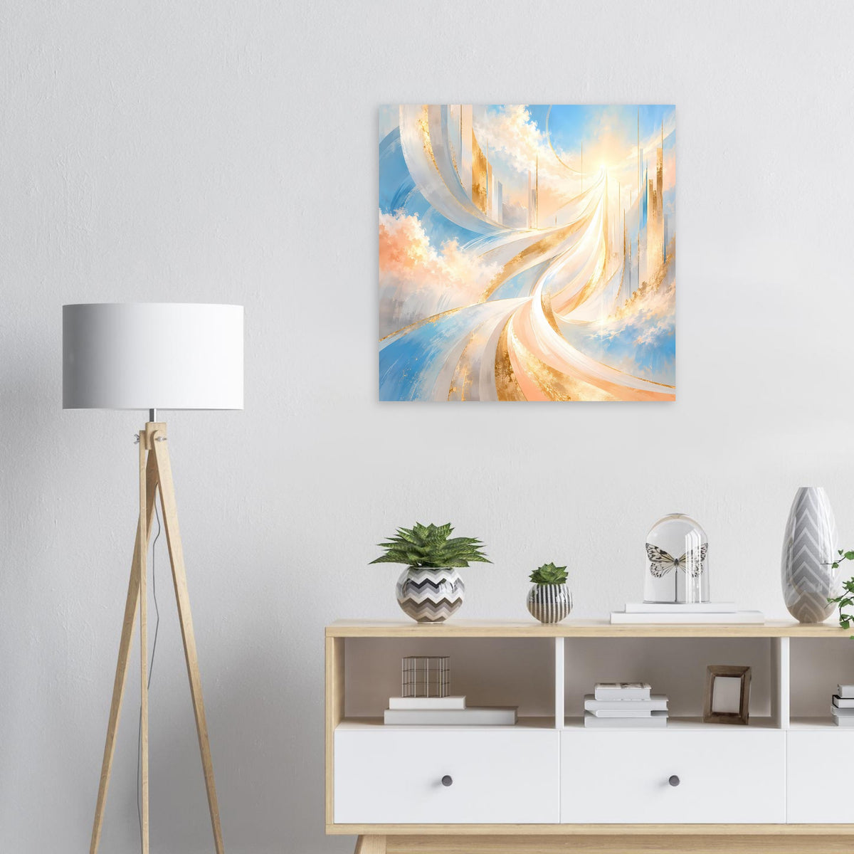Abstraktes Poster mit goldenen und blauen Wirbeln, Himmelsmotiv