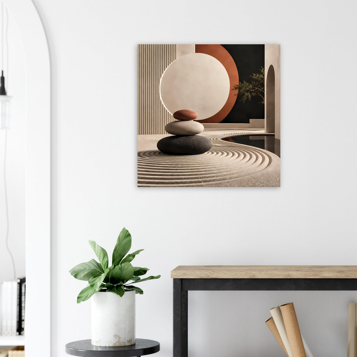Zen-Kunstposter mit Kontrast: cremefarbener Kreis, terrakottafarbener Akzent, schwarze Steine