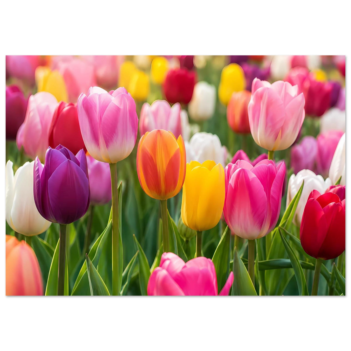 Tulpen-Gartenposter im Querformat, bunte Tulpenblüten auf grünem Stängelwerk